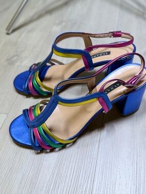 Albano Blue Metallic Multicolor Strappy Block Heels